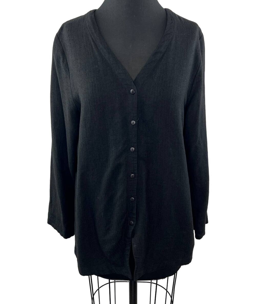 Vintage USA Eileen Fisher Black Stretch-Linen Button-Up Long Sleeve Shirt 1 S